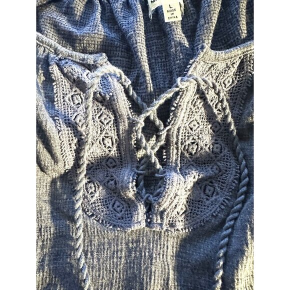 Max Studio Women s Large Blue Peasant Blouse Lace Up Crochet Boho - Picture 8 of 8